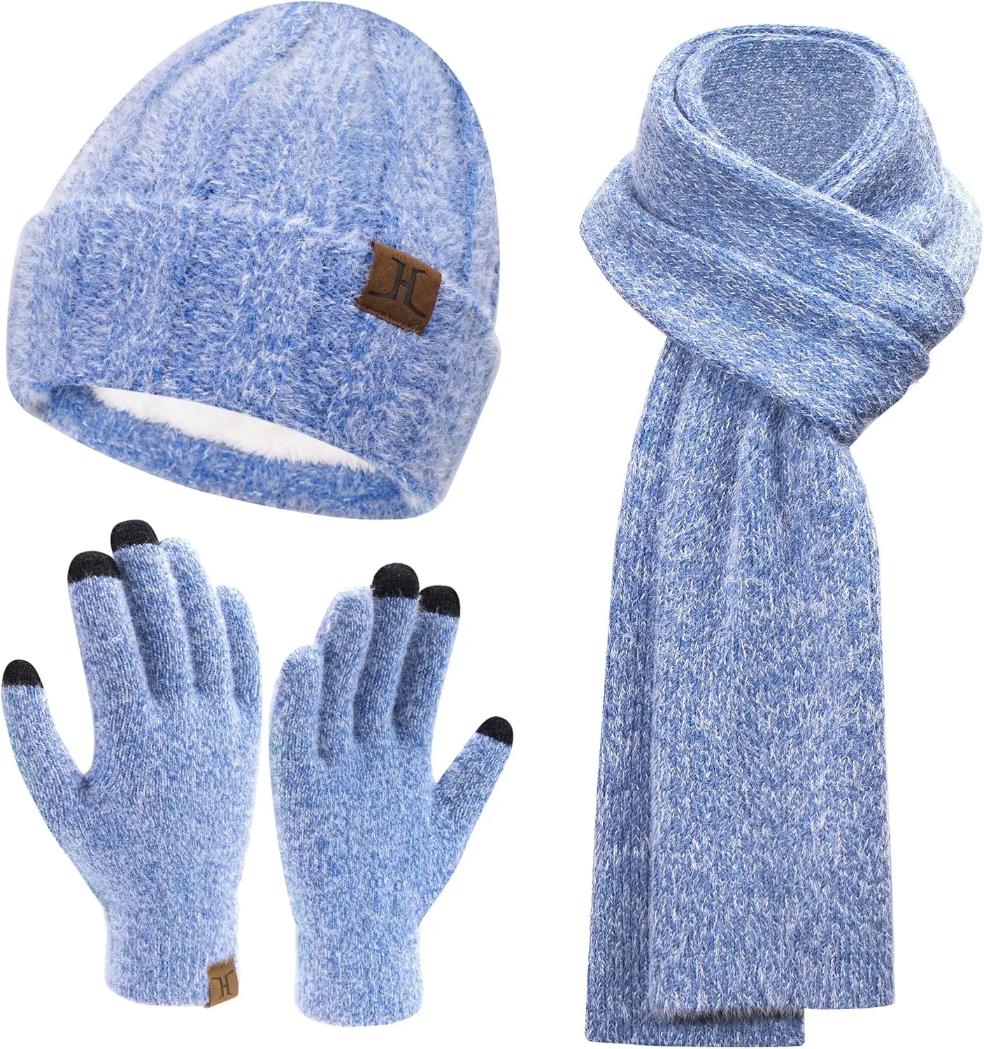 Womens Winter Warm Knit Beanie Hat Touchscreen Gloves Long Neck Scarf Set with Fleece Lined Skull Caps Gifts for Women