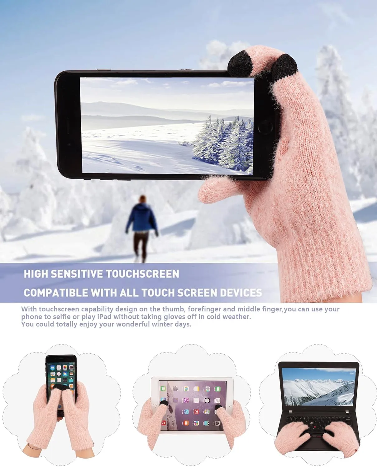 Womens Winter Warm Knit Beanie Hat Touchscreen Gloves Long Neck Scarf Set with Fleece Lined Skull Caps Gifts for Women
