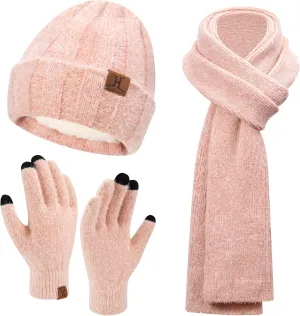 Womens Winter Warm Knit Beanie Hat Touchscreen Gloves Long Neck Scarf Set with Fleece Lined Skull Caps Gifts for Women