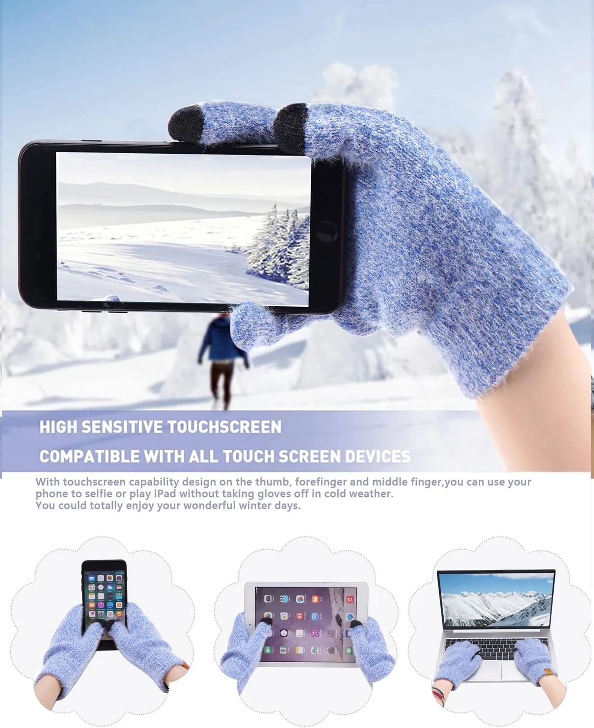 Womens Winter Warm Knit Beanie Hat Touchscreen Gloves Long Neck Scarf Set with Fleece Lined Skull Caps Gifts for Women