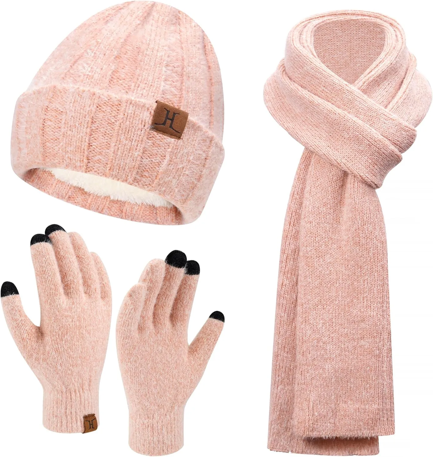 Womens Winter Warm Knit Beanie Hat Touchscreen Gloves Long Neck Scarf Set with Fleece Lined Skull Caps Gifts for Women