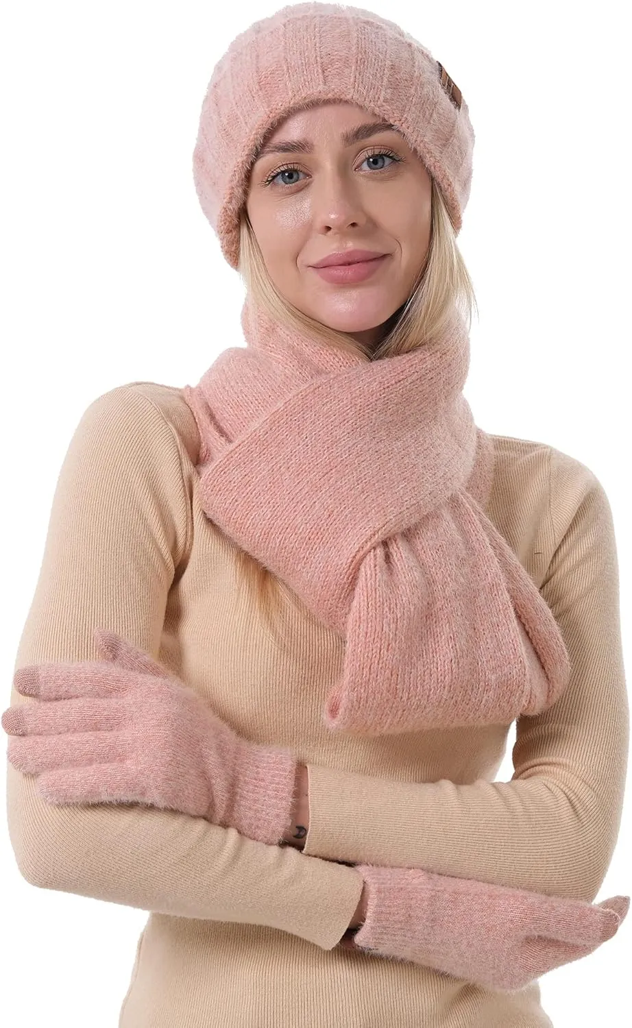 Womens Winter Warm Knit Beanie Hat Touchscreen Gloves Long Neck Scarf Set with Fleece Lined Skull Caps Gifts for Women