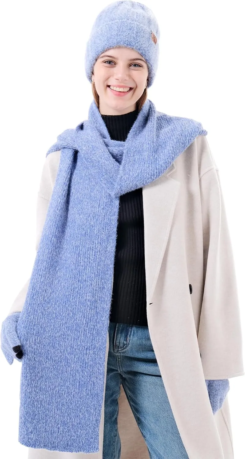 Womens Winter Warm Knit Beanie Hat Touchscreen Gloves Long Neck Scarf Set with Fleece Lined Skull Caps Gifts for Women