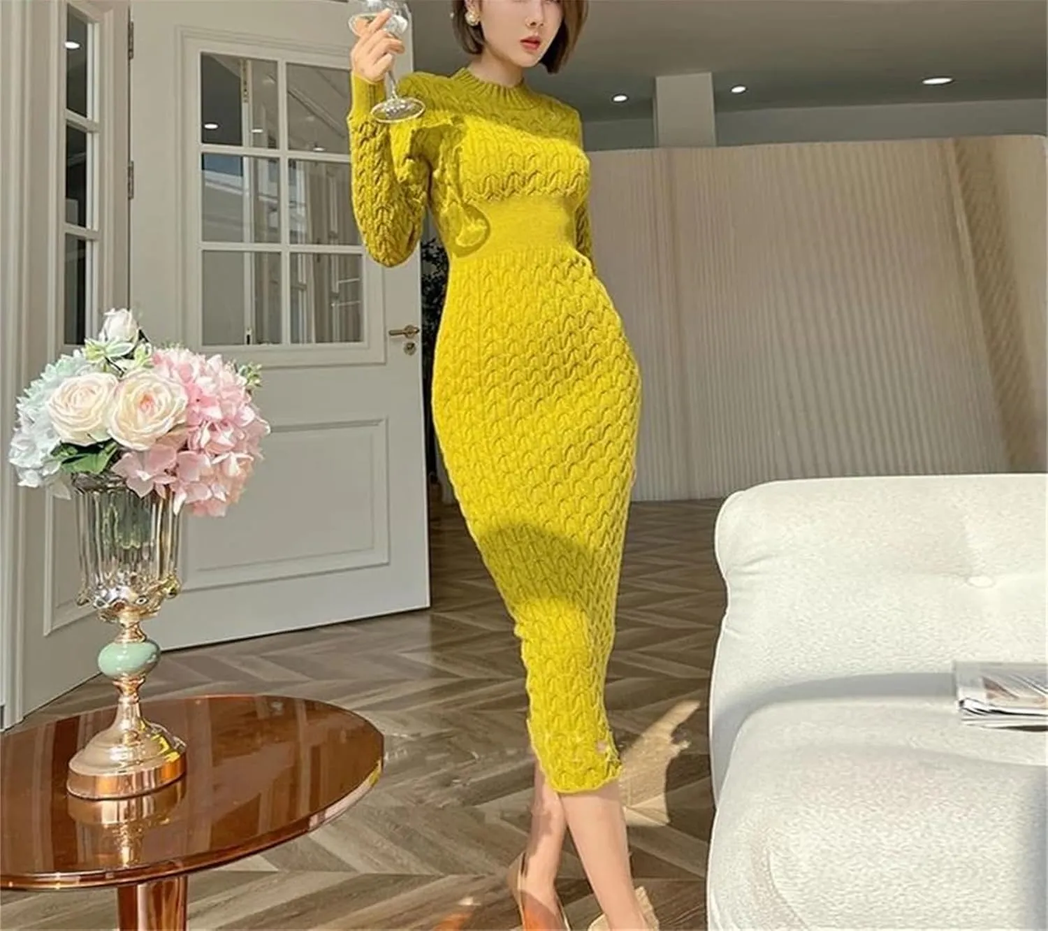 Women's Yellow Knit Midi Dress - O-Neck Long Sleeve High Waist Bodycon Sweater