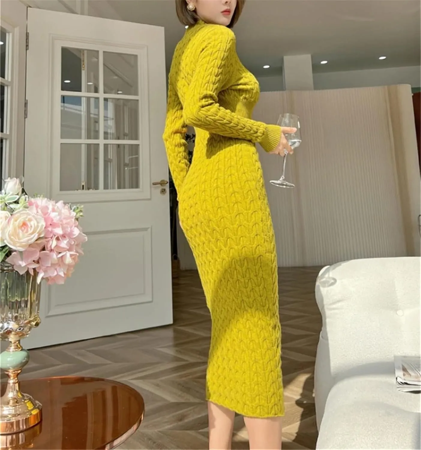 Women's Yellow Knit Midi Dress - O-Neck Long Sleeve High Waist Bodycon Sweater