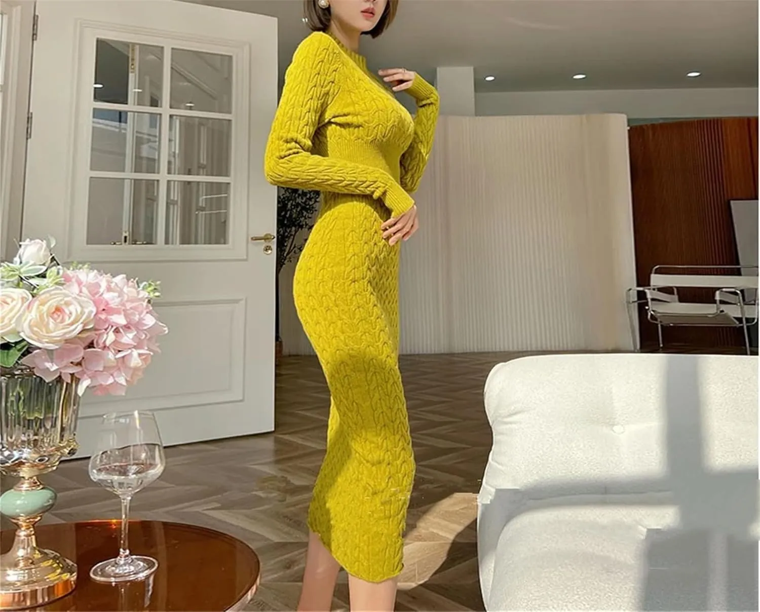 Women's Yellow Knit Midi Dress - O-Neck Long Sleeve High Waist Bodycon Sweater