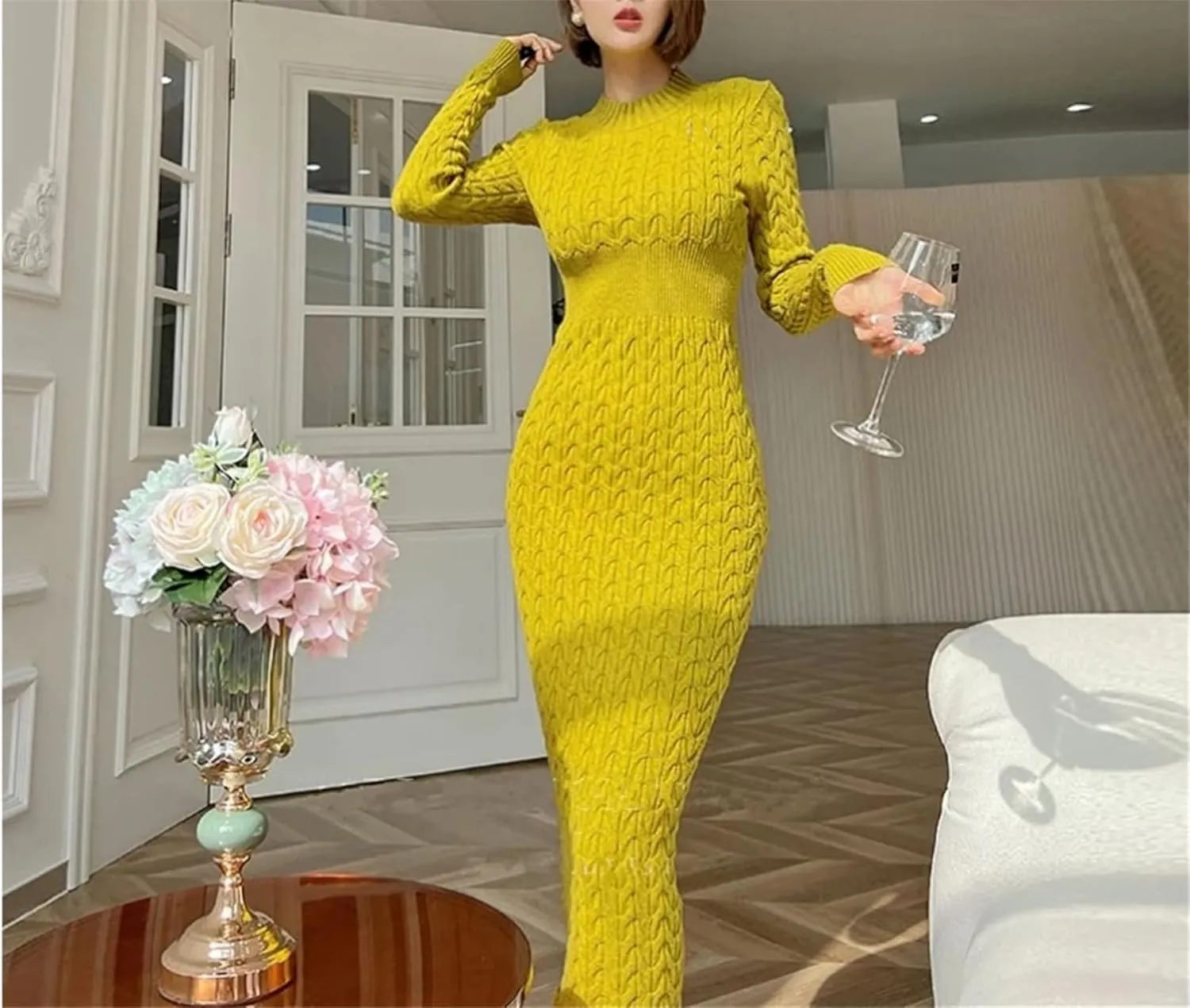 Women's Yellow Knit Midi Dress - O-Neck Long Sleeve High Waist Bodycon Sweater