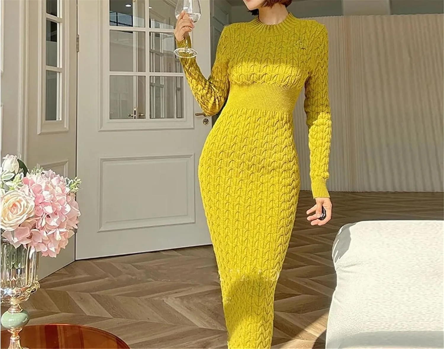 Women's Yellow Knit Midi Dress - O-Neck Long Sleeve High Waist Bodycon Sweater