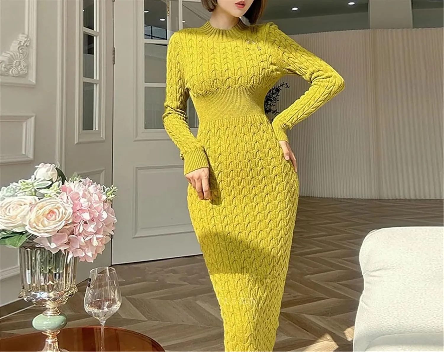 Women's Yellow Knit Midi Dress - O-Neck Long Sleeve High Waist Bodycon Sweater