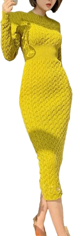 Women's Yellow Knit Midi Dress - O-Neck Long Sleeve High Waist Bodycon Sweater