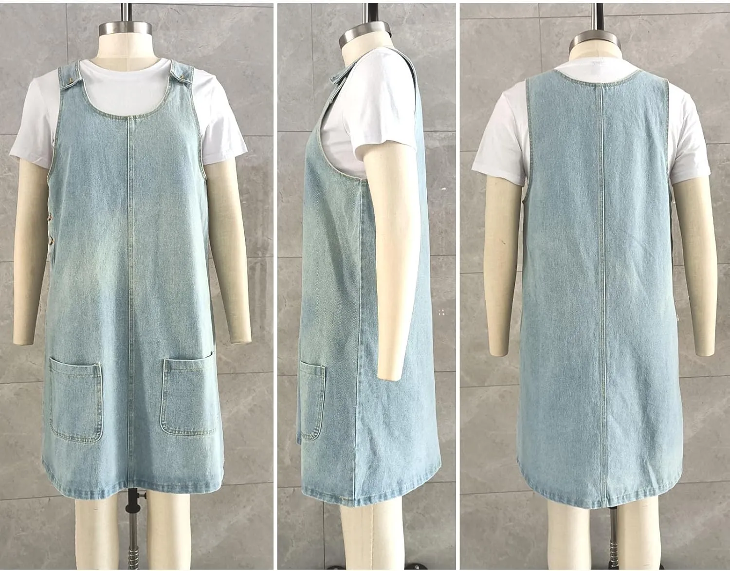 Xaspee Denim Overall Dress for Women Casual Mini Sleeveless Jean Vintage Jumper Skirt Dress with Pockets