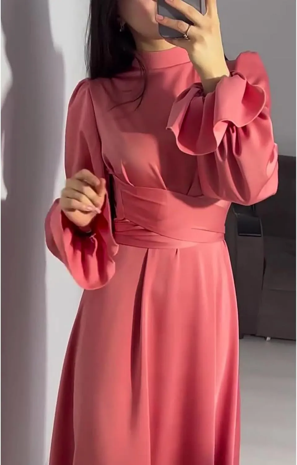 xxxiticat Women's Green Satin Dress Long Lantern Sleeve Mock Neck Puff Shoulder Tie Waist Pleated Cocktail Maxi Slip Dresses