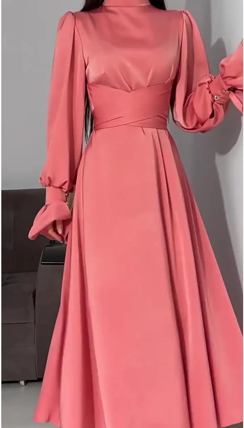 xxxiticat Women's Green Satin Dress Long Lantern Sleeve Mock Neck Puff Shoulder Tie Waist Pleated Cocktail Maxi Slip Dresses