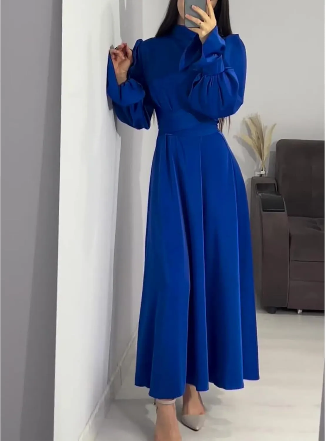 xxxiticat Women's Green Satin Dress Long Lantern Sleeve Mock Neck Puff Shoulder Tie Waist Pleated Cocktail Maxi Slip Dresses