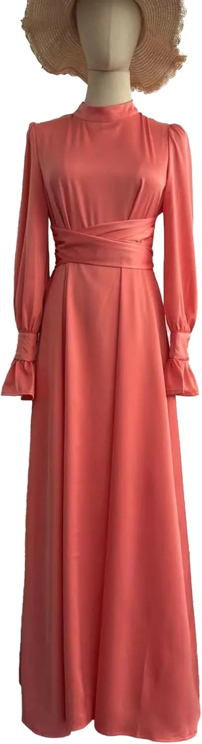xxxiticat Women's Green Satin Dress Long Lantern Sleeve Mock Neck Puff Shoulder Tie Waist Pleated Cocktail Maxi Slip Dresses