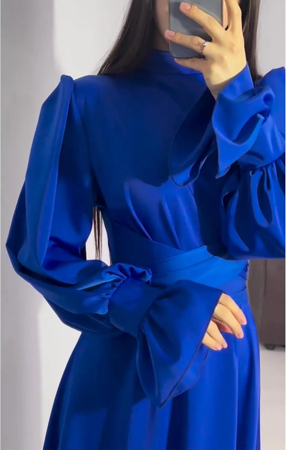xxxiticat Women's Green Satin Dress Long Lantern Sleeve Mock Neck Puff Shoulder Tie Waist Pleated Cocktail Maxi Slip Dresses
