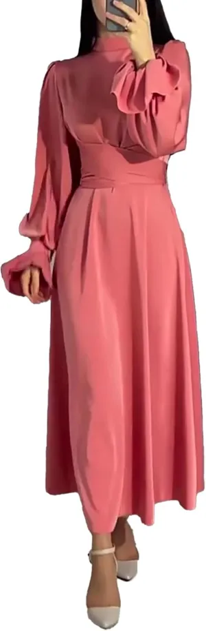 xxxiticat Women's Green Satin Dress Long Lantern Sleeve Mock Neck Puff Shoulder Tie Waist Pleated Cocktail Maxi Slip Dresses
