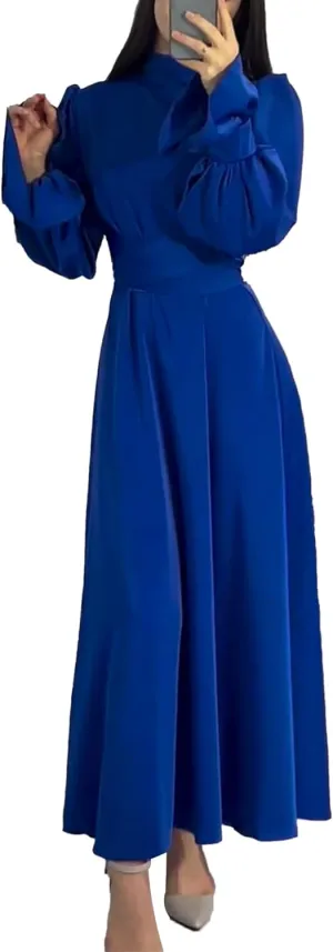 xxxiticat Women's Green Satin Dress Long Lantern Sleeve Mock Neck Puff Shoulder Tie Waist Pleated Cocktail Maxi Slip Dresses