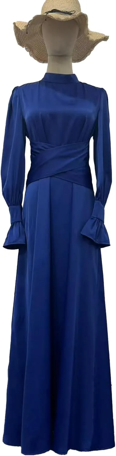 xxxiticat Women's Green Satin Dress Long Lantern Sleeve Mock Neck Puff Shoulder Tie Waist Pleated Cocktail Maxi Slip Dresses