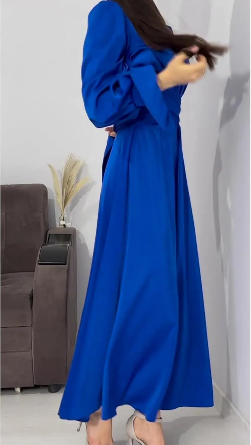xxxiticat Women's Green Satin Dress Long Lantern Sleeve Mock Neck Puff Shoulder Tie Waist Pleated Cocktail Maxi Slip Dresses