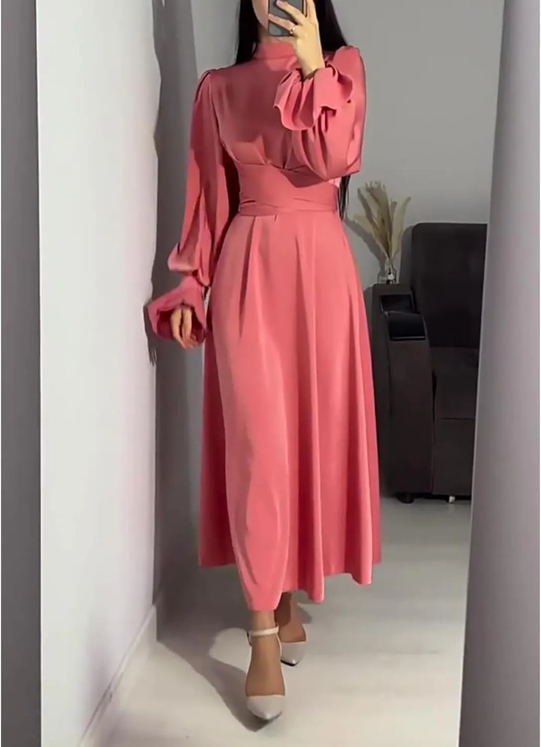 xxxiticat Women's Green Satin Dress Long Lantern Sleeve Mock Neck Puff Shoulder Tie Waist Pleated Cocktail Maxi Slip Dresses