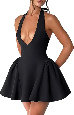 Yeenily Women's Halter Bow Tie Deep V Neck Sleeveless Backless Sexy Mini Dress A Line Flowy Club Cocktail Prom Dress