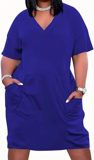 YeGine Women's Plus Size Casual Midi Dresses Short Sleeve T Shirt Dress with Pockets Blue 4XL