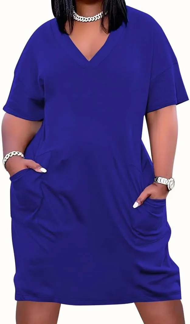 YeGine Women's Plus Size Casual Midi Dresses Short Sleeve T Shirt Dress with Pockets Blue 4XL