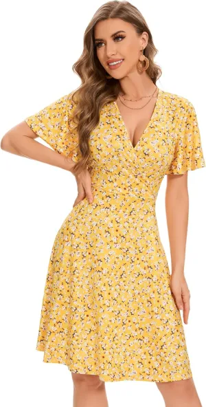 Yellow Summer Dresses for Women 2025 Vacation Casual V-Neck Floral Wrap Sundress Flutter Sleeve Knee Length Graduation Dress,XX-Large
