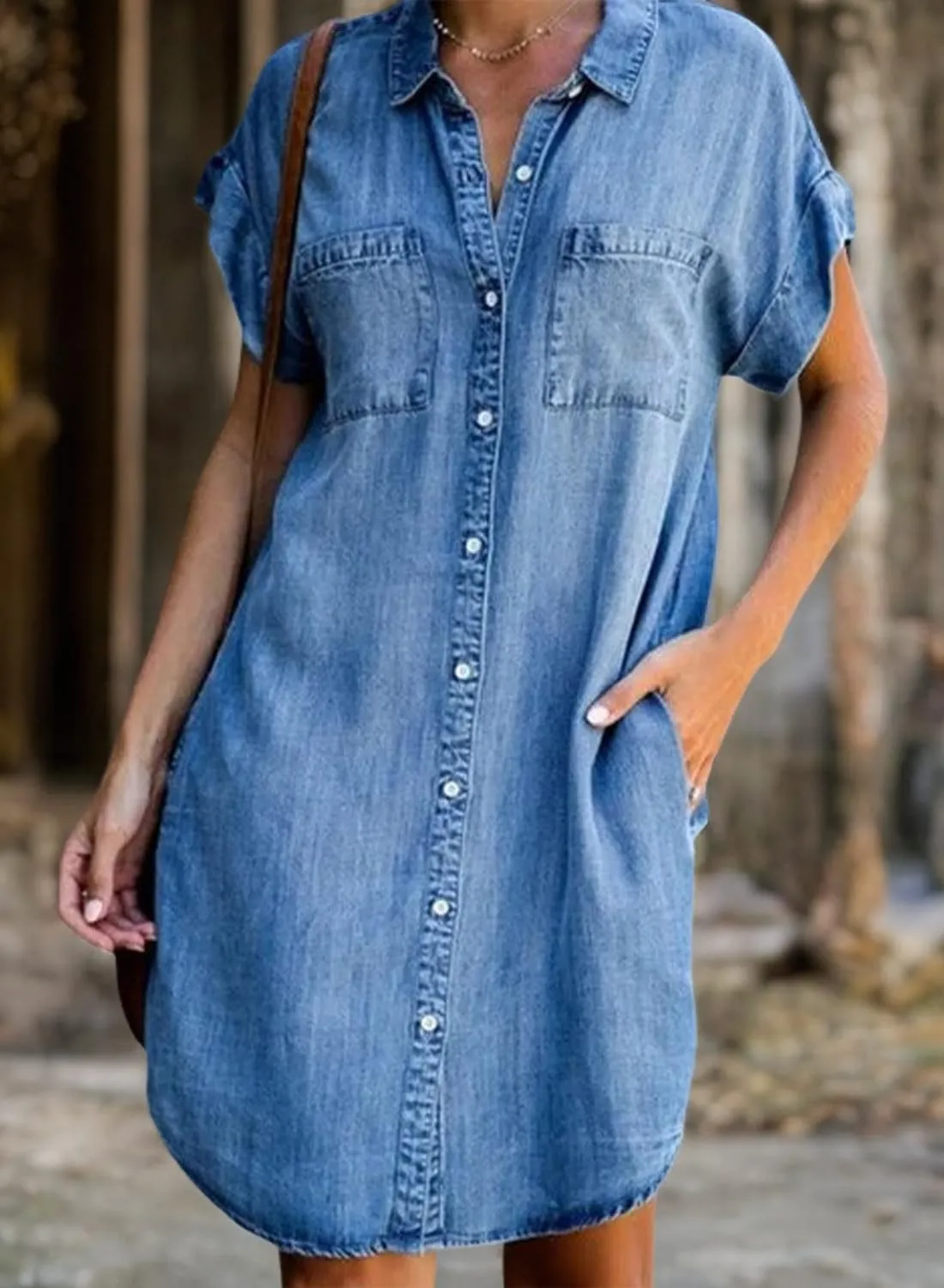 yoeasy Women's Short Sleeve Denim Shirt Mini Dress Button Down Tunic Jean Dress with Pockets