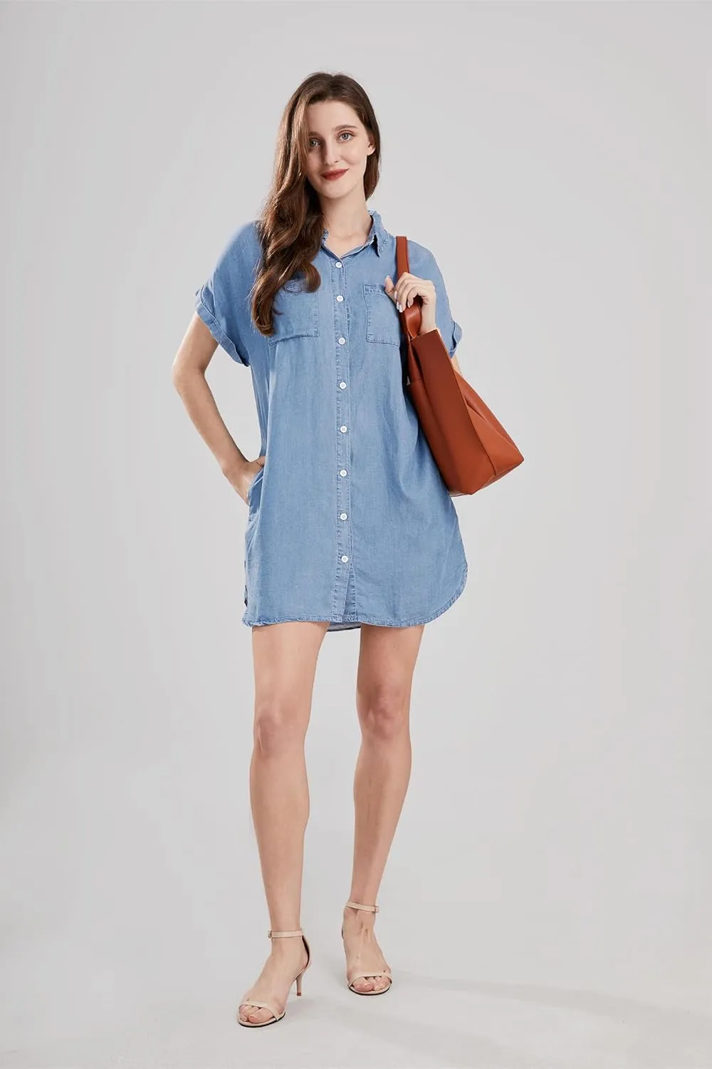 yoeasy Women's Short Sleeve Denim Shirt Mini Dress Button Down Tunic Jean Dress with Pockets