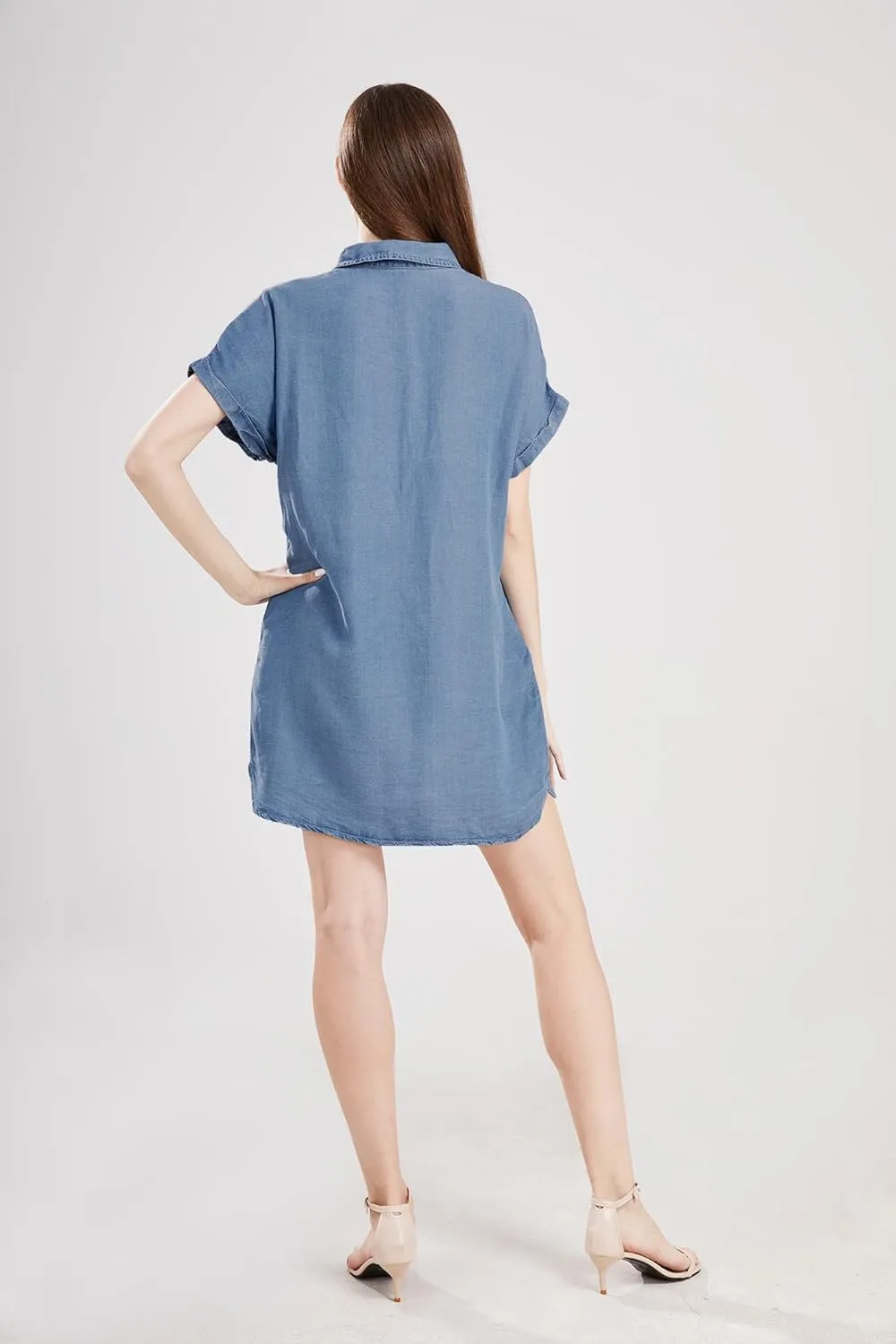 yoeasy Women's Short Sleeve Denim Shirt Mini Dress Button Down Tunic Jean Dress with Pockets