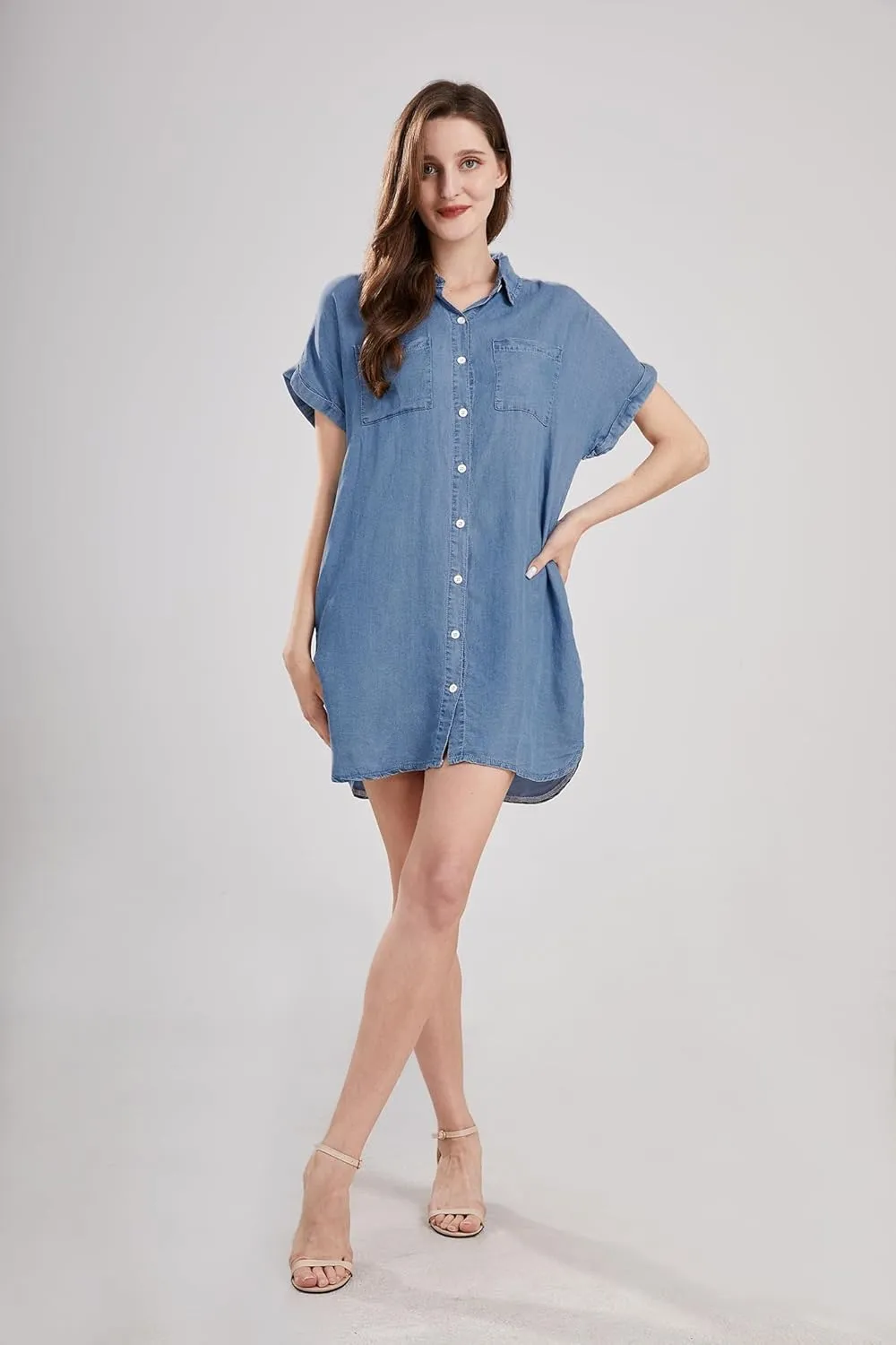 yoeasy Women's Short Sleeve Denim Shirt Mini Dress Button Down Tunic Jean Dress with Pockets